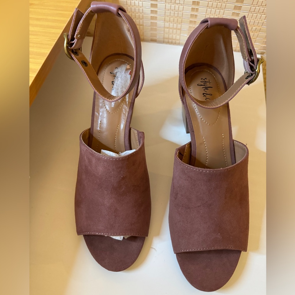 Style & Co Suede Open Toe Block Heel Red Maroon 8.5 New